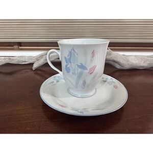 Porcelain Excel Fresh Flowers Iris Tea Cup and Saucer Set Blue Pink Floral